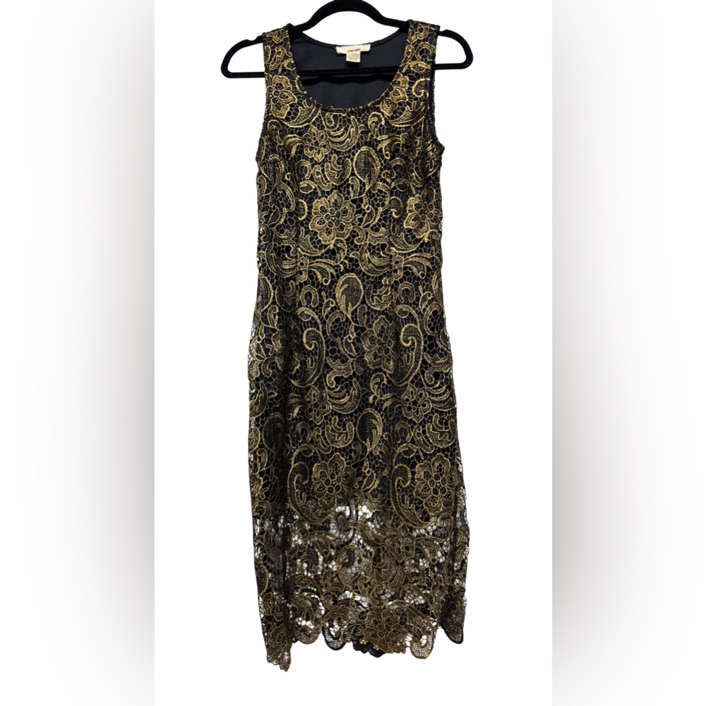 SANS SOUCI Y2K Dress Midi Sleeveless Black Gold Lace Overlay Metallic Small